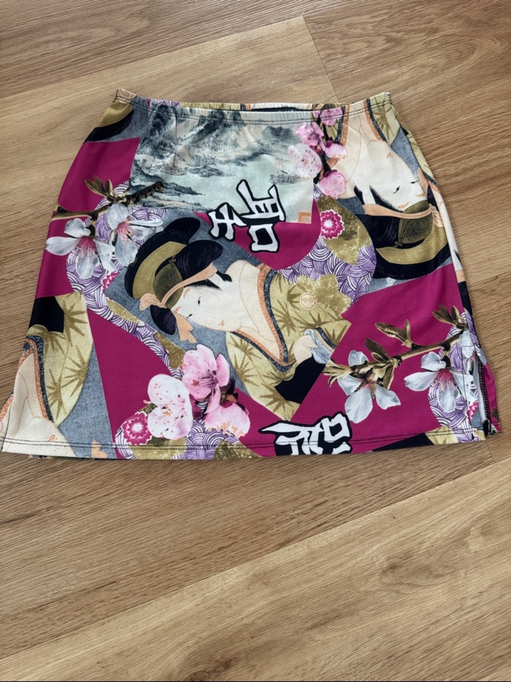 Blue Asphalt Geisha Floral Print Mini Skirt in Magenta and Gold